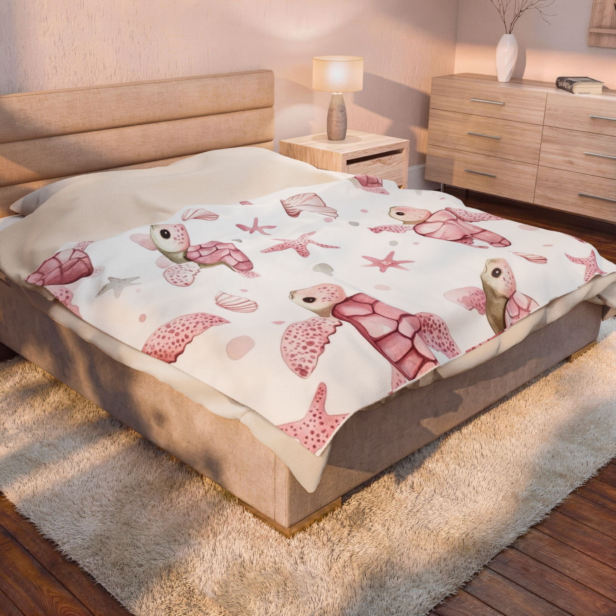 Pink Sea Turtle Velveteen Plush Blanket — Soft Nautical Throw for Babies & Kids