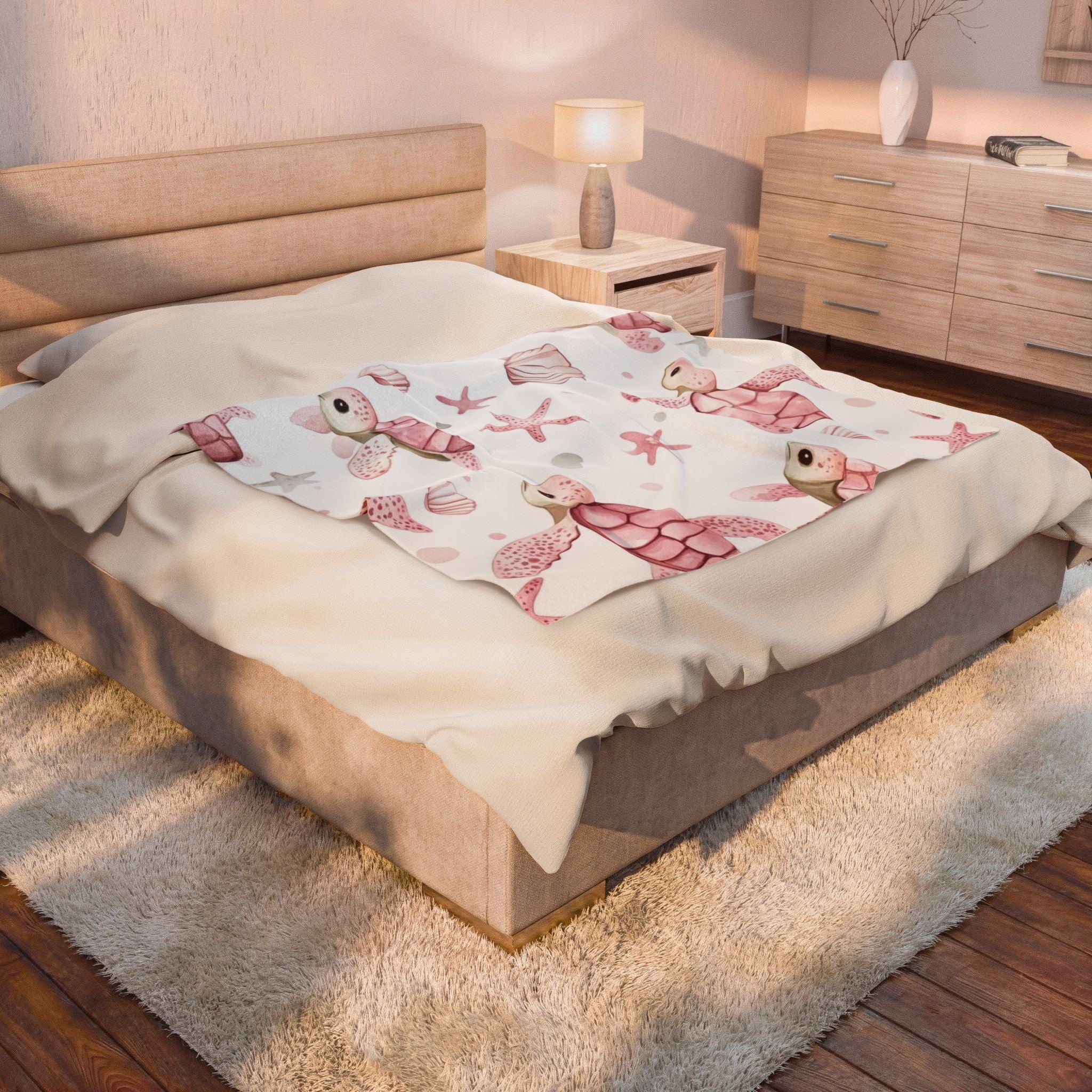 Pink Sea Turtle Velveteen Plush Blanket — Soft Nautical Throw for Babies & Kids