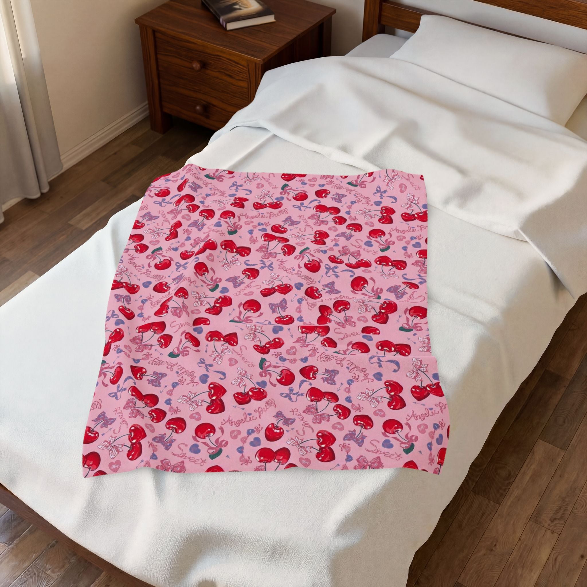 Cherry Pattern Velveteen Plush Blanket – Cute Pink Cherry Throw for Cozy Gifts & Valentine’s Day