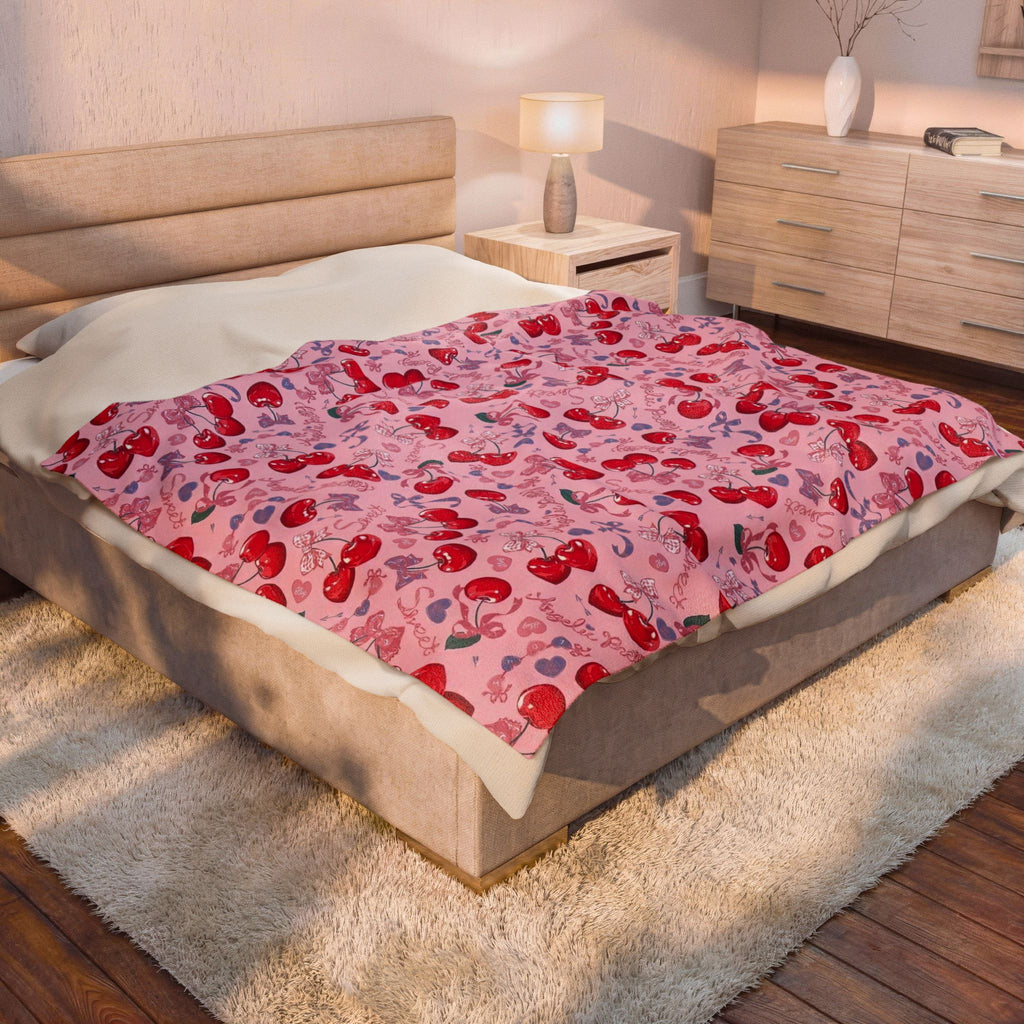 Cherry Pattern Velveteen Plush Blanket – Cute Pink Cherry Throw for Cozy Gifts & Valentine’s Day