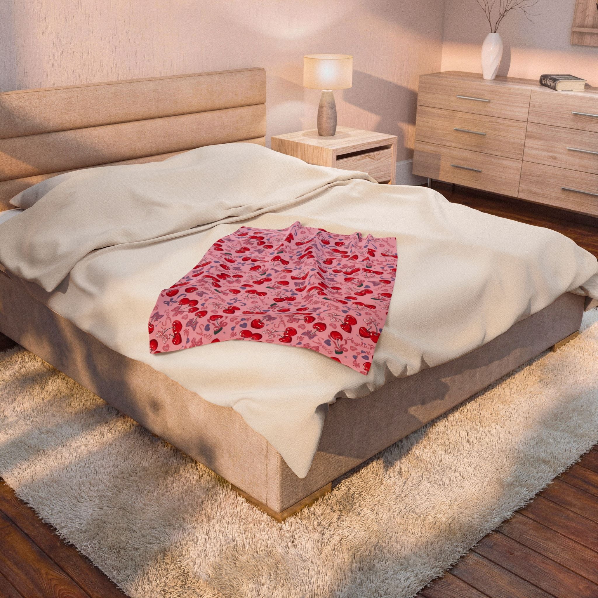 Cherry Pattern Velveteen Plush Blanket – Cute Pink Cherry Throw for Cozy Gifts & Valentine’s Day