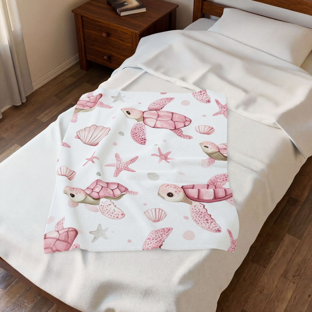 Pink Sea Turtle Velveteen Plush Blanket — Soft Nautical Throw for Babies & Kids