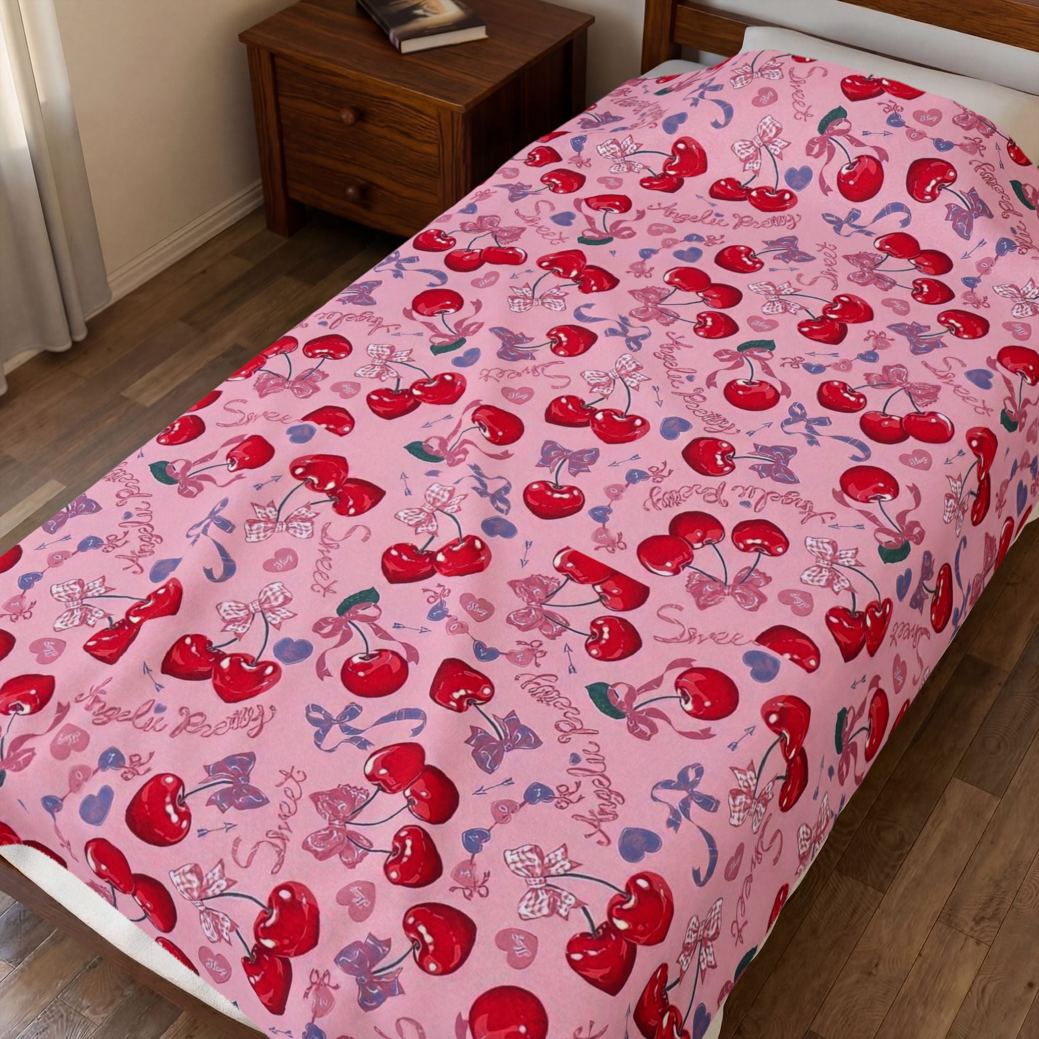 Cherry Pattern Velveteen Plush Blanket – Cute Pink Cherry Throw for Cozy Gifts & Valentine’s Day