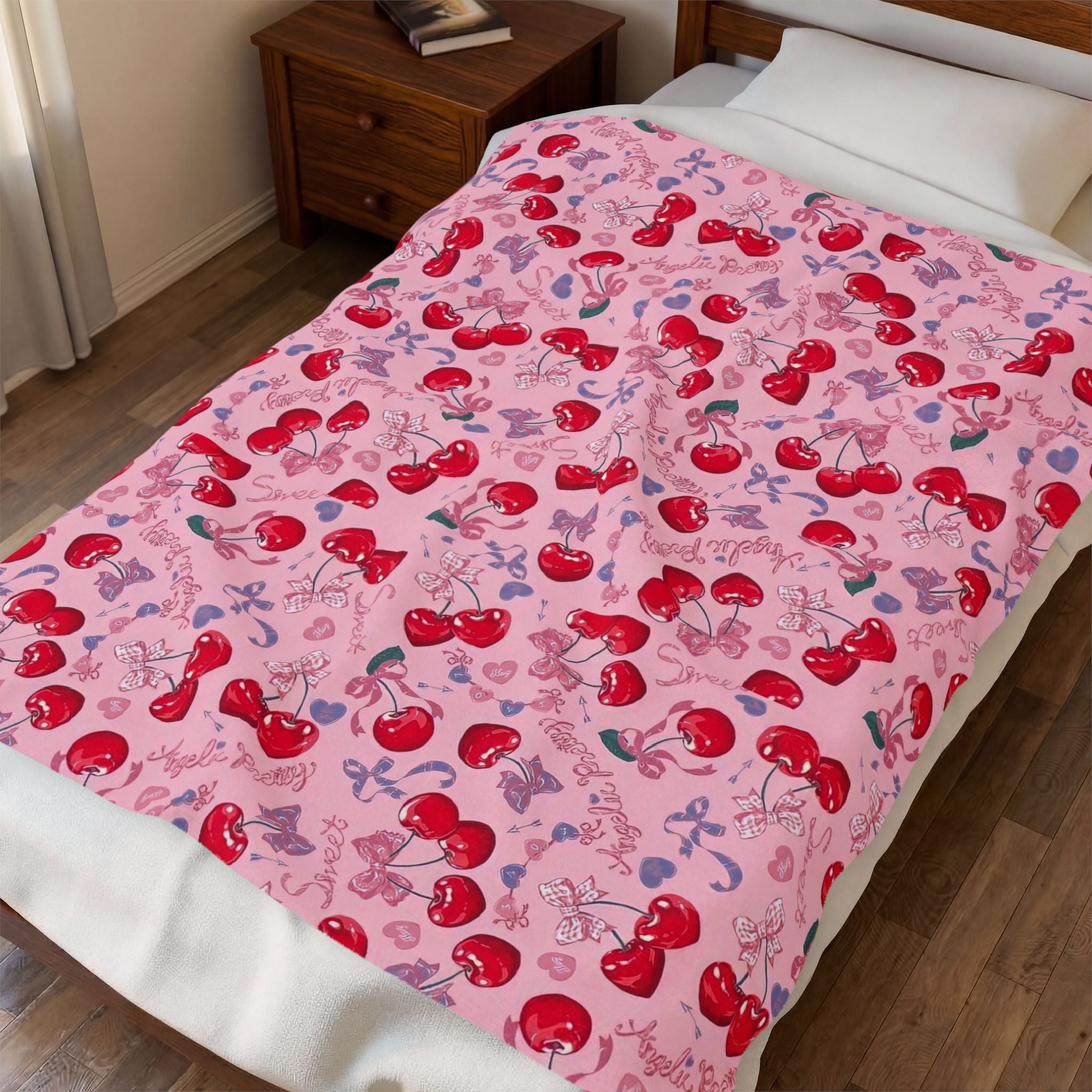 Cherry Pattern Velveteen Plush Blanket – Cute Pink Cherry Throw for Cozy Gifts & Valentine’s Day