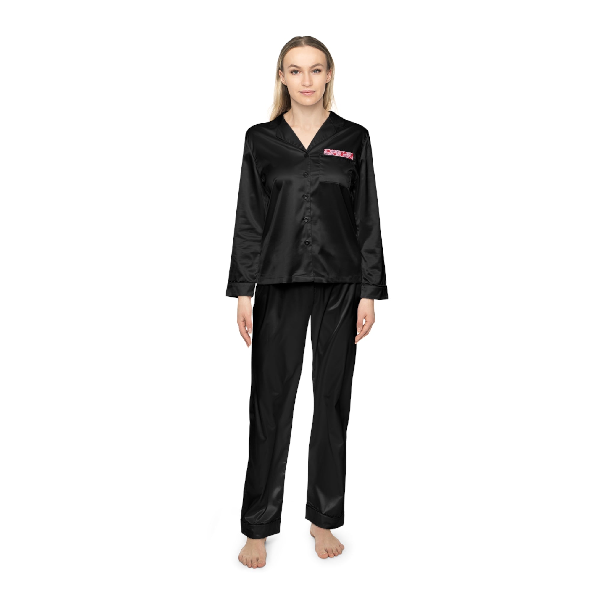 Satin Women’s Pajama Set – Rose Floral Trim Sleepwear