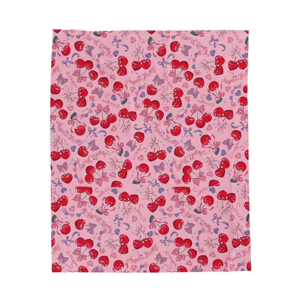 Cherry Pattern Velveteen Plush Blanket – Cute Pink Cherry Throw for Cozy Gifts & Valentine’s Day