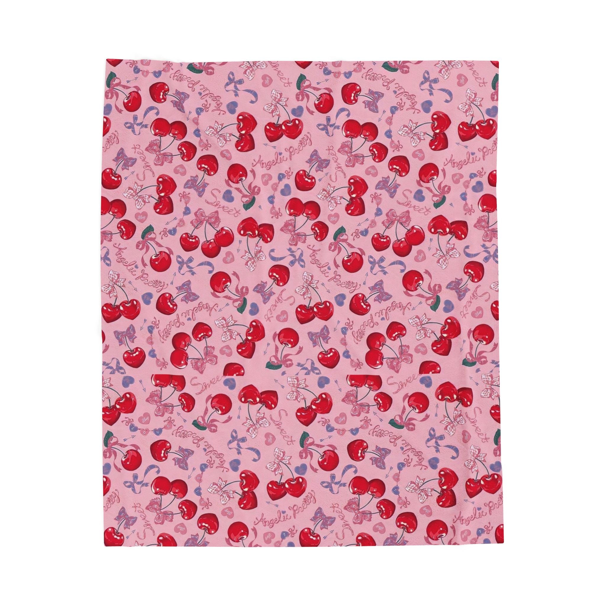 Cherry Pattern Velveteen Plush Blanket – Cute Pink Cherry Throw for Cozy Gifts & Valentine’s Day