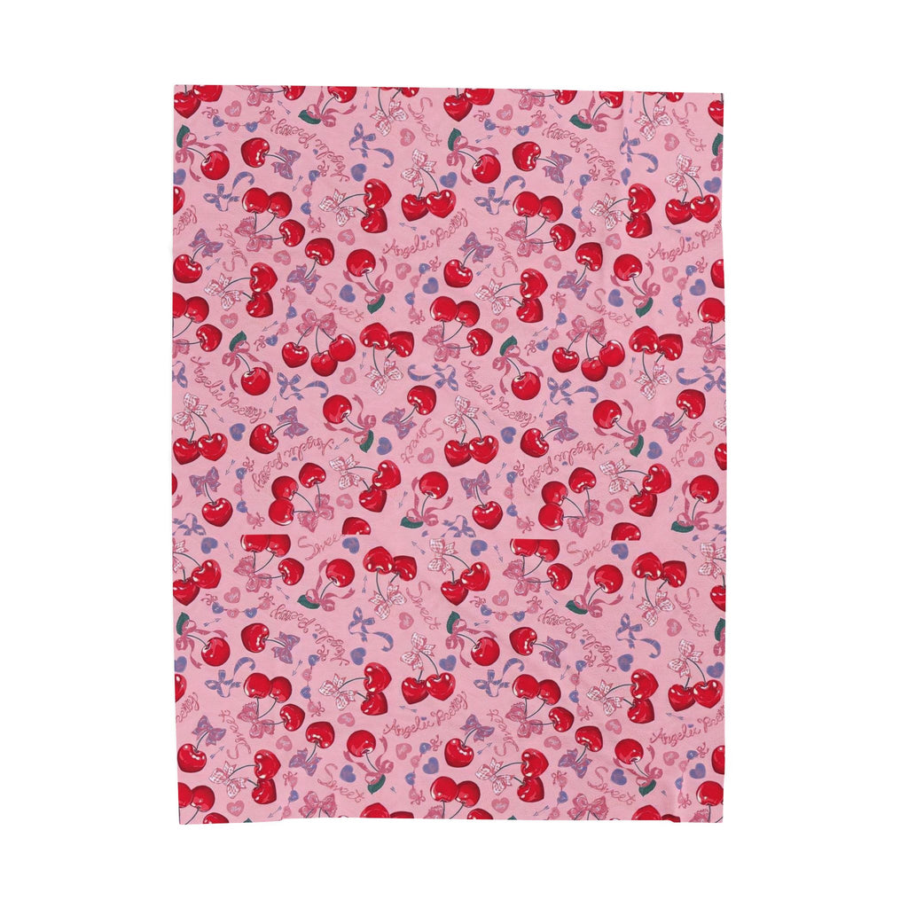 Cherry Pattern Velveteen Plush Blanket – Cute Pink Cherry Throw for Cozy Gifts & Valentine’s Day