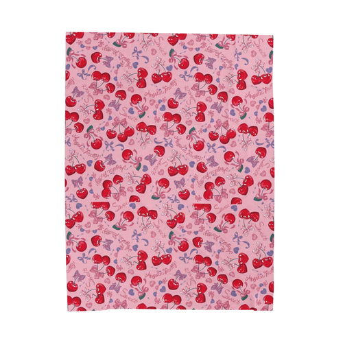 Cherry Pattern Velveteen Plush Blanket – Cute Pink Cherry Throw for Cozy Gifts & Valentine’s Day