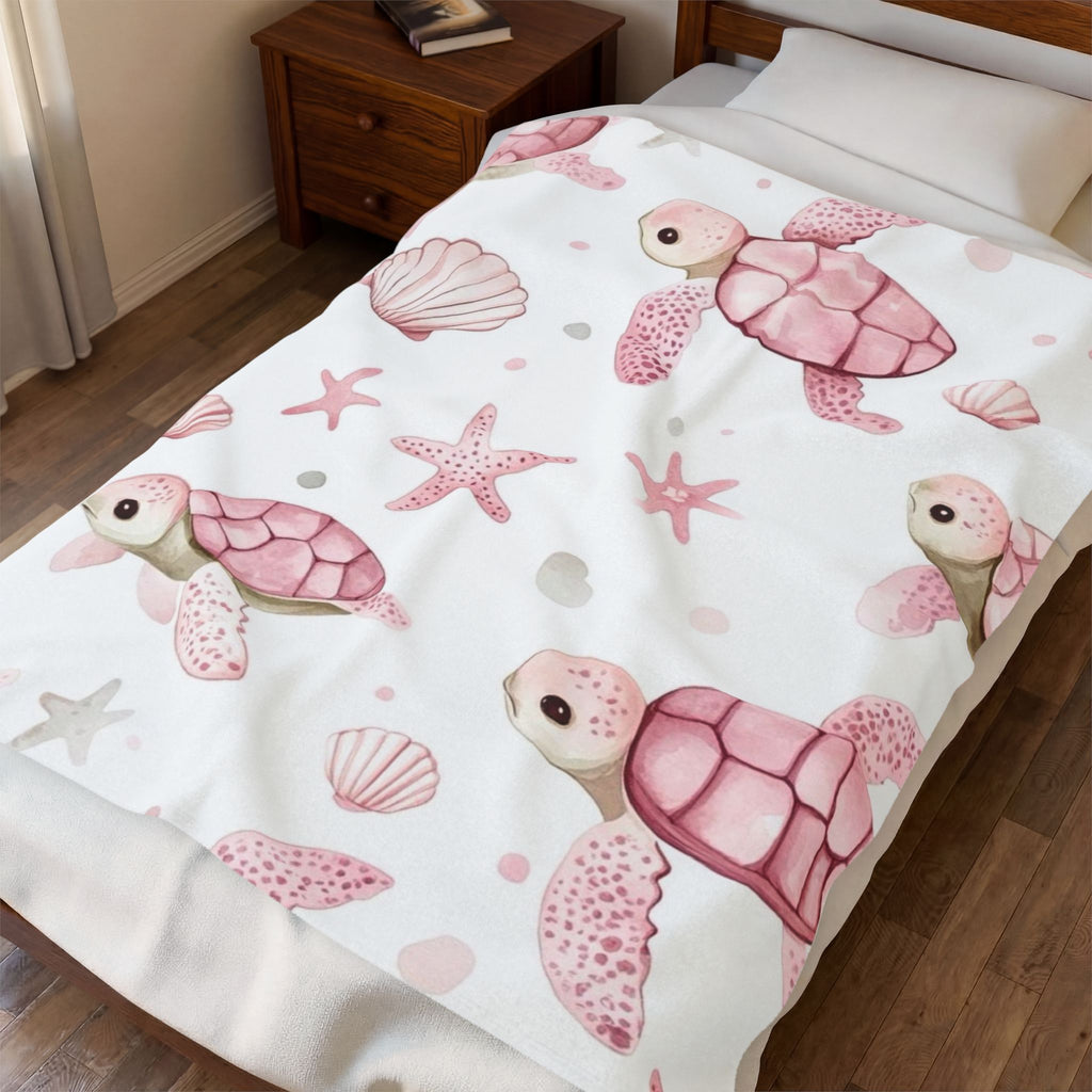 Pink Sea Turtle Velveteen Plush Blanket — Soft Nautical Throw for Babies & Kids
