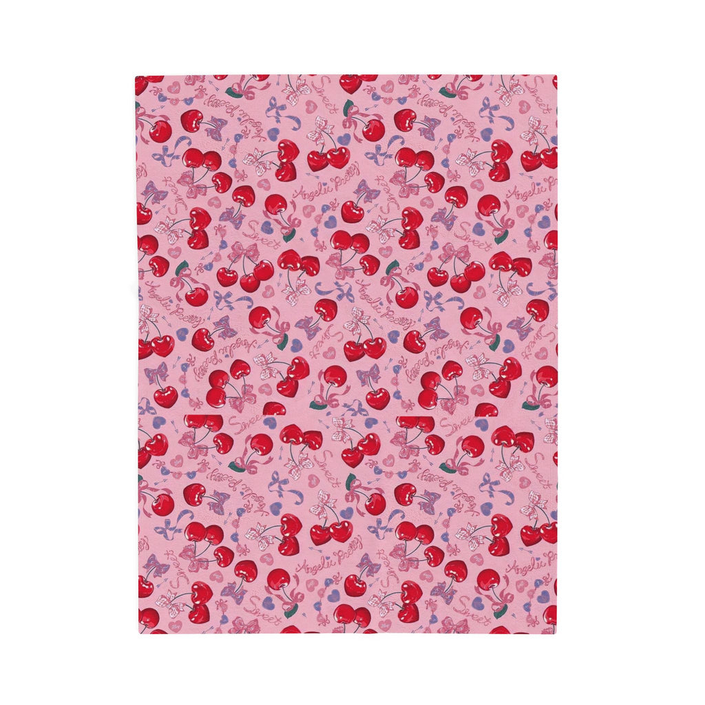 Cherry Pattern Velveteen Plush Blanket – Cute Pink Cherry Throw for Cozy Gifts & Valentine’s Day