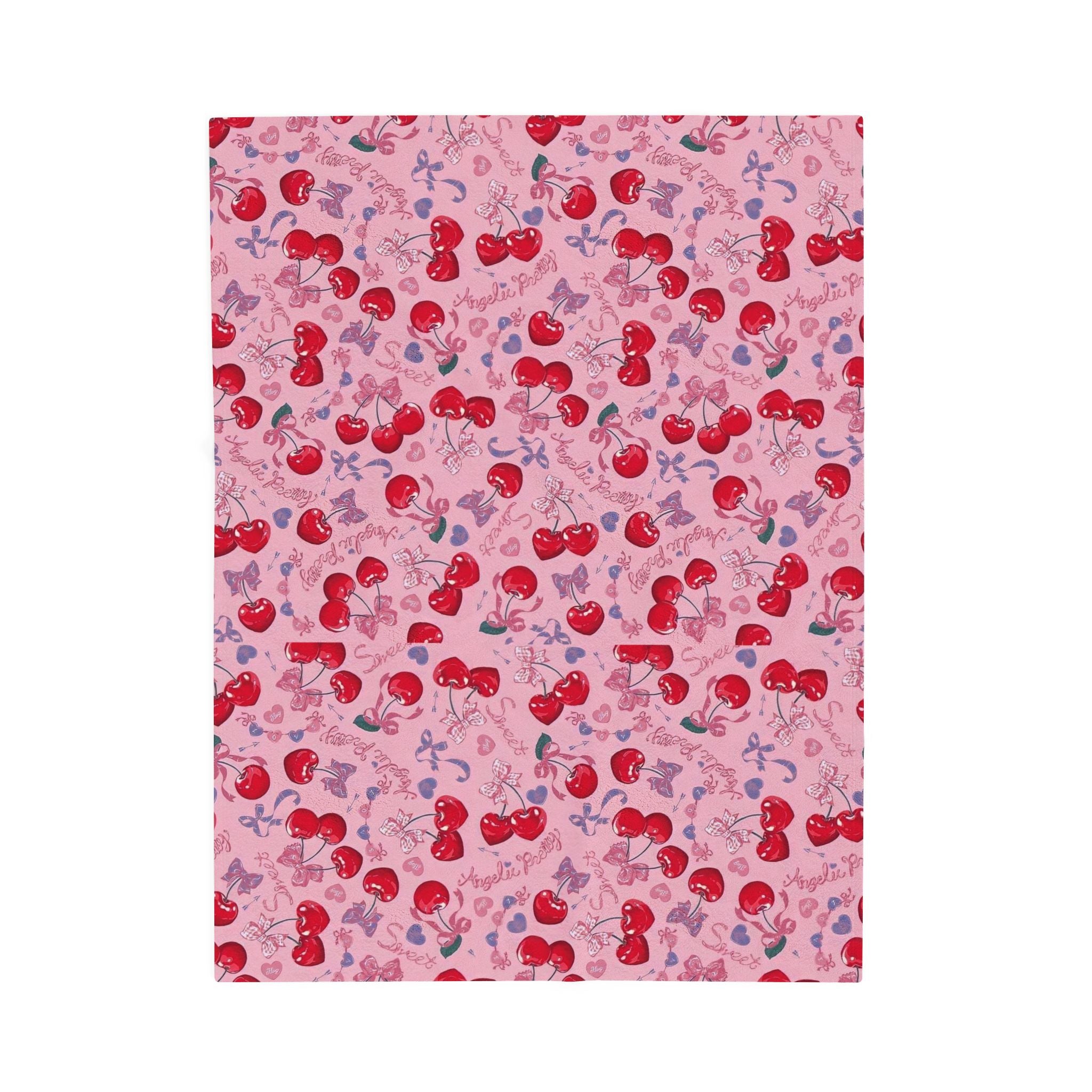 Cherry Pattern Velveteen Plush Blanket – Cute Pink Cherry Throw for Cozy Gifts & Valentine’s Day